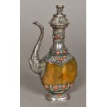 A 19th century Tibetan unmarked silver mounted agate jug With removable lid set with a
