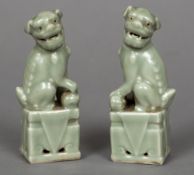 A pair of Chinese celadon dogs-of-fo Each typically modelled with a foot on a ball. Each 11.