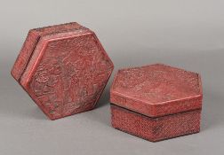 A pair of Chinese cinnabar lacquer boxes and covers Of hexagonal section,