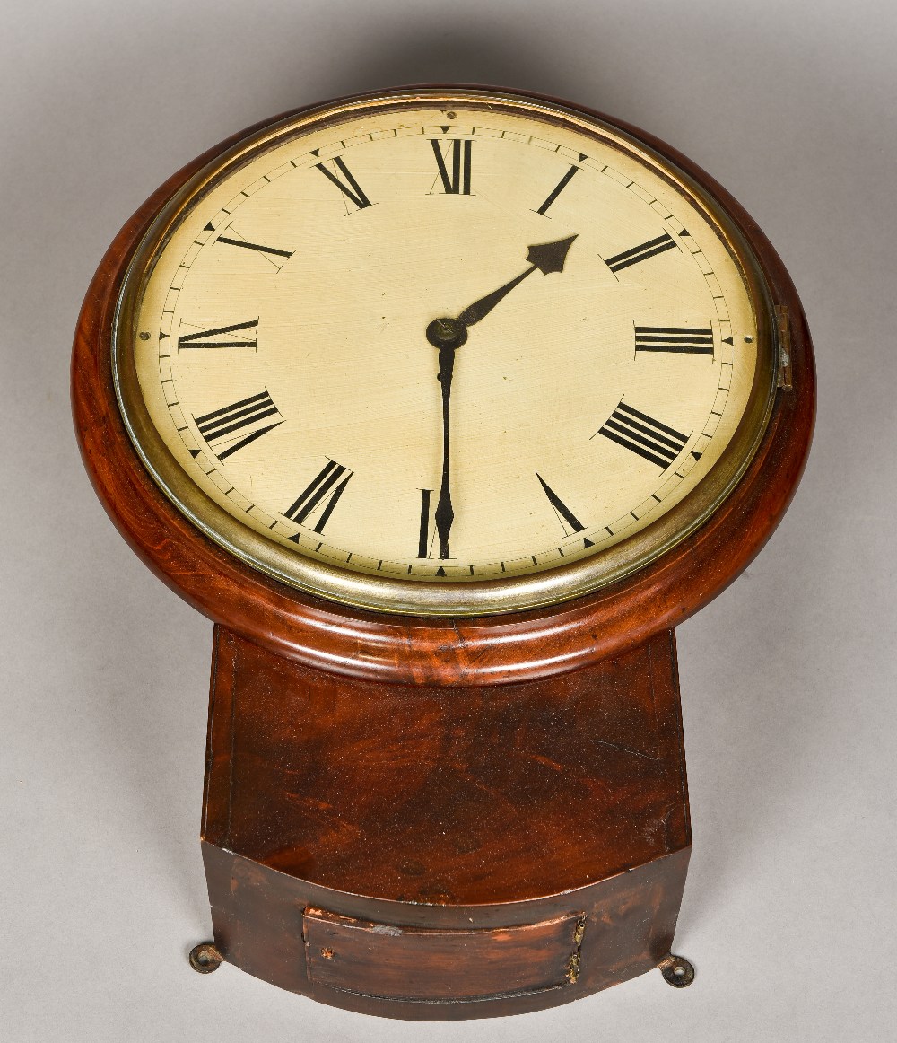 A 19th century mahogany cased drop dial wall clock The white circular dial with Roman numerals and