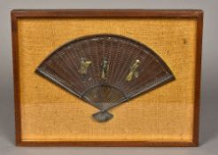 A Japanese mixed metal fan Of basket weave form, with faux bamboo border,