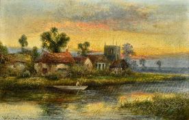 WILLIAM LANGLEY (1852-1922) British Punting on a River Before a Village Oil on canvas Signed 59 x