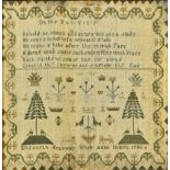 An 18th century needlework sampler Typically worked with a verse above various motifs within a