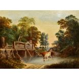 ENGLISH SCHOOL (19th century) Cattle Herder Crossing a Ford Before a Couple on a Bridge in a Rural