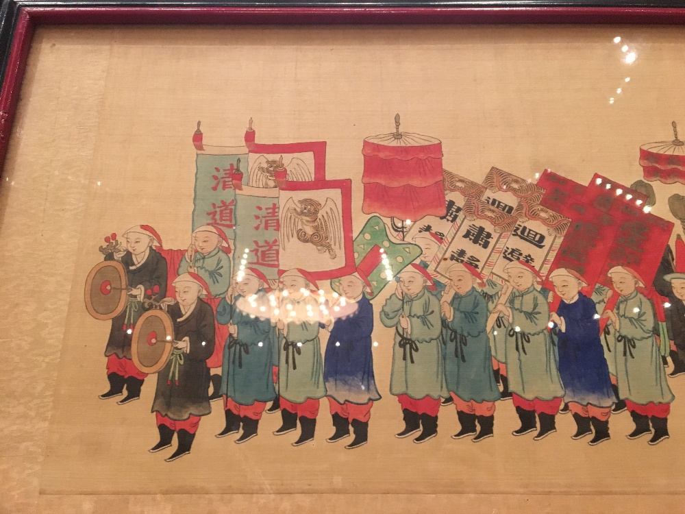 A pair of Chinese silk pictures Each depicting a figural procession, framed and glazed. - Image 7 of 10