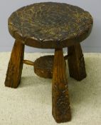 A carved oak stool by Peter Heap of Wetwang (Rabbitman) The circular florally carved top above the