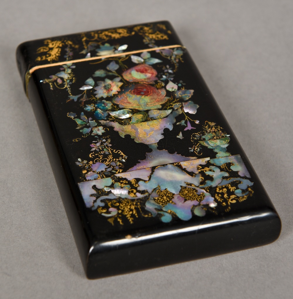 A Victorian mother-of-pearl inlaid ebonised card case (or possibly cigar case) Of hinged