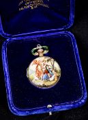A small 19th century unmarked silver enamel decorated fob watch Decorated to the exterior with