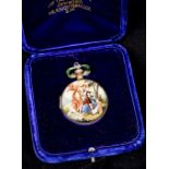 A small 19th century unmarked silver enamel decorated fob watch Decorated to the exterior with