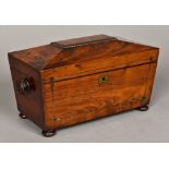 A Regency brass inlaid mahogany tea caddy Of sarcophagus form,