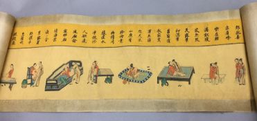 A Chinese scroll painting Depicting various courting and erotic scenes and with calligraphy.