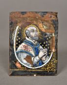 An early Limoges enamel panel Of domed rectangular form, decorated with a saint. 6.5 x 8.5 cm.