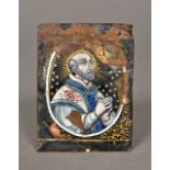 An early Limoges enamel panel Of domed rectangular form, decorated with a saint. 6.5 x 8.5 cm.