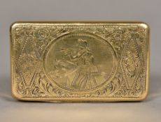 A 19th century Continental silver gilt snuff box Of hinged rectangular form,