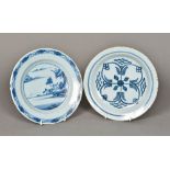 A Continental blue and white tin glazed plate Chinoiserie decorated; together with another,