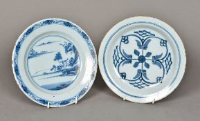 A Continental blue and white tin glazed plate Chinoiserie decorated; together with another,