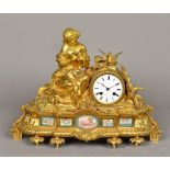 A 19th century French Sevres type panel inset ormolu cased figural mantel clock retailed by J