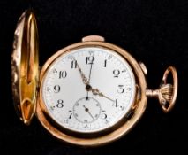 A 14 ct gold repeating hunter pocket watch The white enamelled dial with Arabic numerals and