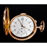 A 14 ct gold repeating hunter pocket watch The white enamelled dial with Arabic numerals and