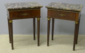 A pair of marble topped mahogany side tables Each rectangular variegated marble top above a single