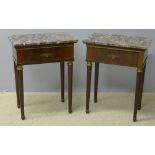 A pair of marble topped mahogany side tables Each rectangular variegated marble top above a single