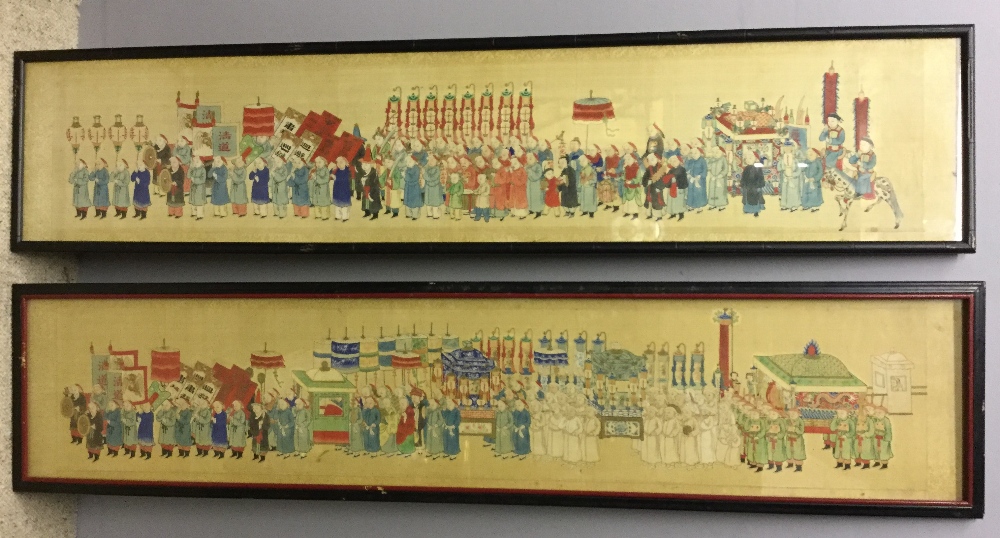 A pair of Chinese silk pictures Each depicting a figural procession, framed and glazed. - Image 3 of 10