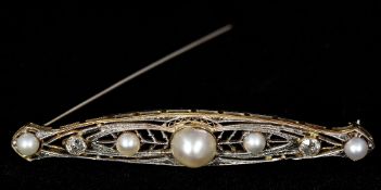 An unmarked pierced navette form bar brooch Set with diamonds and pearls. 6.25 cm long.