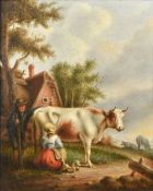 CONTINENTAL SCHOOL (19th/20th century) Cattle Herder and Milkmaid Attending to a Cow Before a