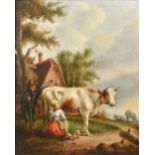 CONTINENTAL SCHOOL (19th/20th century) Cattle Herder and Milkmaid Attending to a Cow Before a