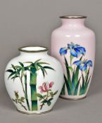 A Japanese pink ground cloisonne vase Decorated to one side with irises;