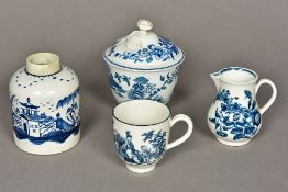 Four pieces of Worcester blue and white porcelain Comprising: a tea caddy, a bowl and cover,