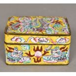 A Canton enamel box Of hinged rectangular form, decorated with dragons on a yellow ground. 10.