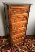A 19th century French chest of drawers The loose grey variegated marble top above six brass mounted