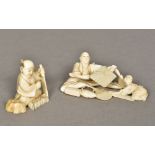 Two late 19th/early 20th century Japanese carved ivory groups One worked as a woodsman,