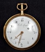 An 18 ct gold cased verge repeating pocket watch The white enamelled dial with Arabic numerals