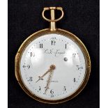 An 18 ct gold cased verge repeating pocket watch The white enamelled dial with Arabic numerals