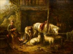 Attributed to GEORGE MORLAND (1763-1804) British Stable Interior With Horse, Donkey,