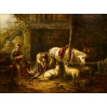 Attributed to GEORGE MORLAND (1763-1804) British Stable Interior With Horse, Donkey,