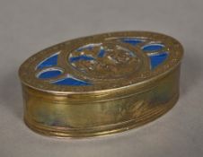 A 19th century Continental silver gilt and guilloche enamel box Of hinged oval form,