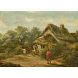 ENGLISH SCHOOL (19th century) Figures Before Thatched Cottages in Rural Landscapes Oils on