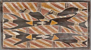 An Aboriginal dreamtime bark painting Typically worked with stylised animals. 56 cm wide.