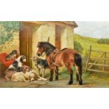 After GEORGE WRIGHT (1860-1942) British Ponies and Dogs in a Stable Yard Oil on canvas Bears