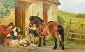 After GEORGE WRIGHT (1860-1942) British Ponies and Dogs in a Stable Yard Oil on canvas Bears