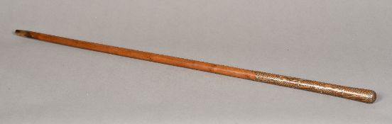 A white metal pique inlaid wooden walking stick With geometric pique decorations and horn ferrule.