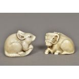 Two 19th century carved ivory netsuke One formed as cow, the other a rat, both signed.