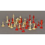 A 19th century English Calvert style 'floral' ivory and stained ivory chess set Housed in a wooden