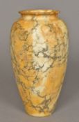 An alabaster vase Of slender ovoid form with a band of carved floral decoration. 28 cm high.