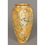 An alabaster vase Of slender ovoid form with a band of carved floral decoration. 28 cm high.