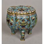 A 19th century Chinese cloisonne censor and cover Formed as a gourd, the cover pierced,