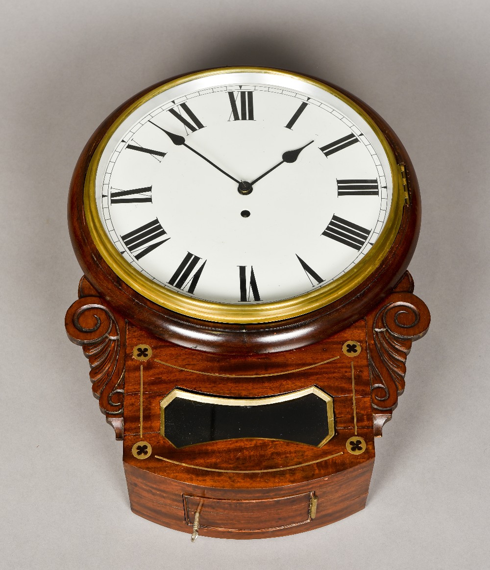 A 19th century brass inlaid mahogany drop-dial wall clock The white dial with Roman numerals